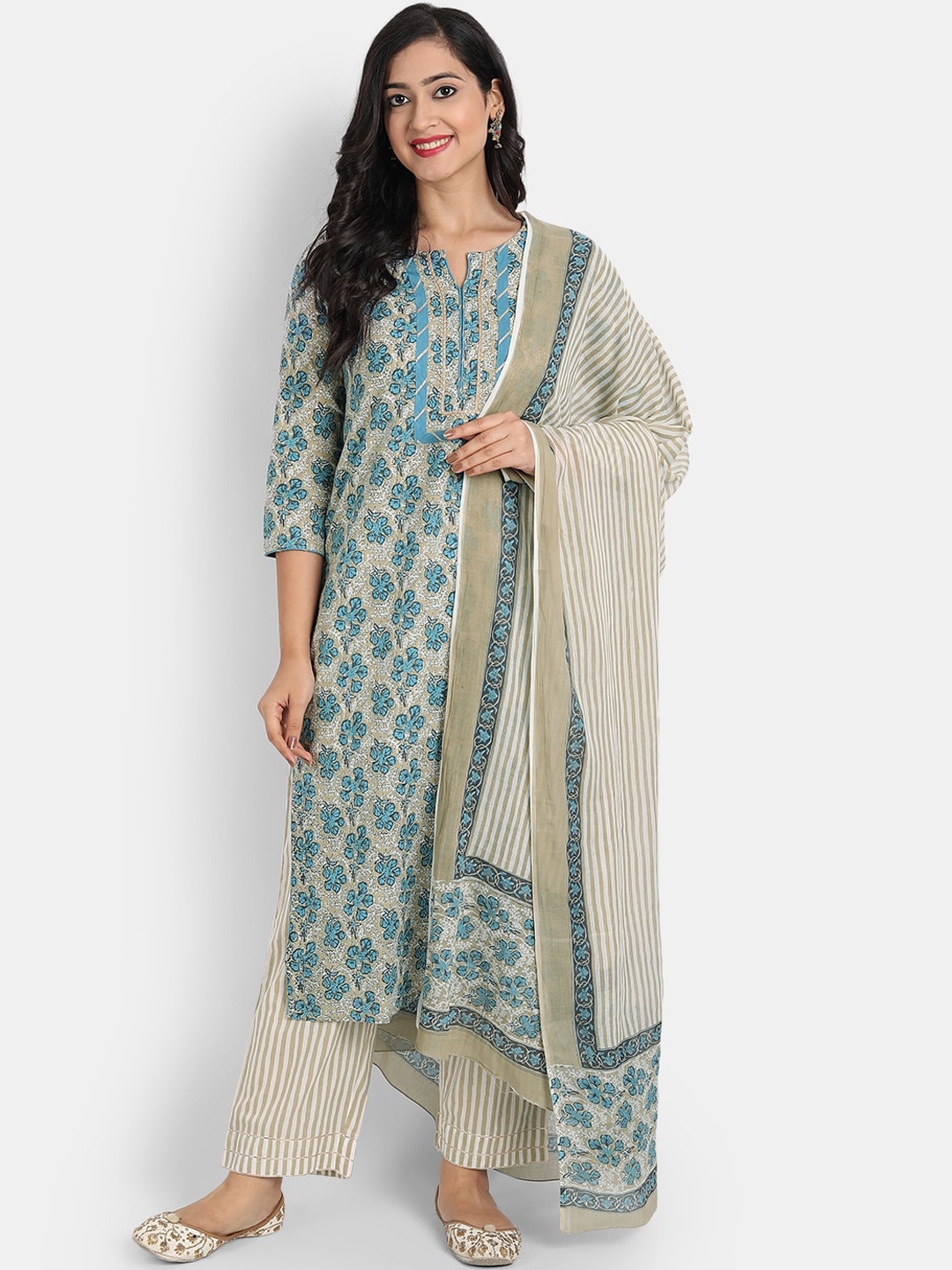 

SUTI Women Green Floral Printed Regular Pure Cotton Kurta with Palazzos & Dupatta