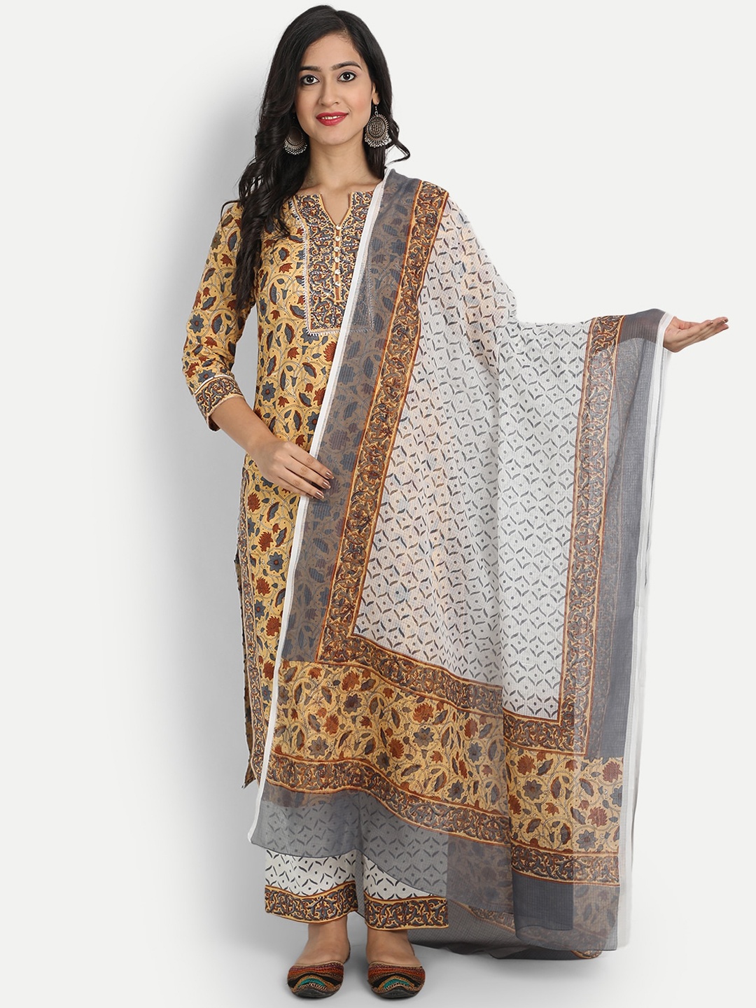 

SUTI Women Cream-Coloured Printed Regular Pure Cotton Kurta with Palazzos & Dupatta