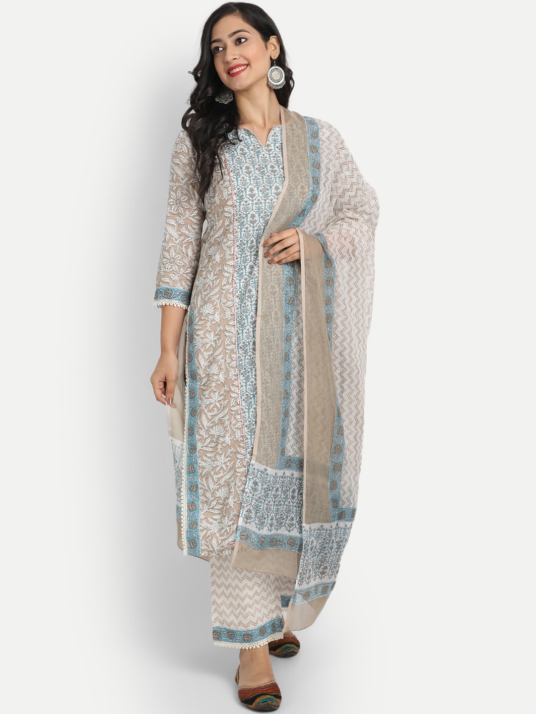 

SUTI Women Blue Ethnic Motifs Printed Panelled Pure Cotton Kurta with Palazzos & Dupatta