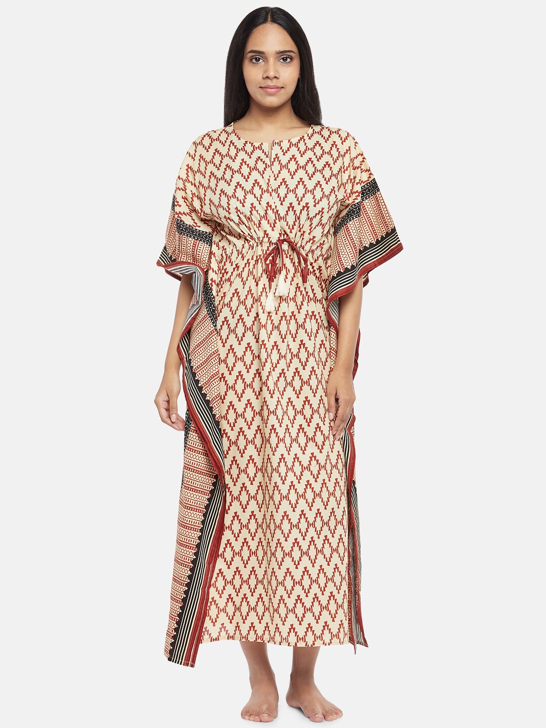 

RANGMANCH BY PANTALOONS Beige Printed Pure Cotton Maxi Kaftan Nightdress