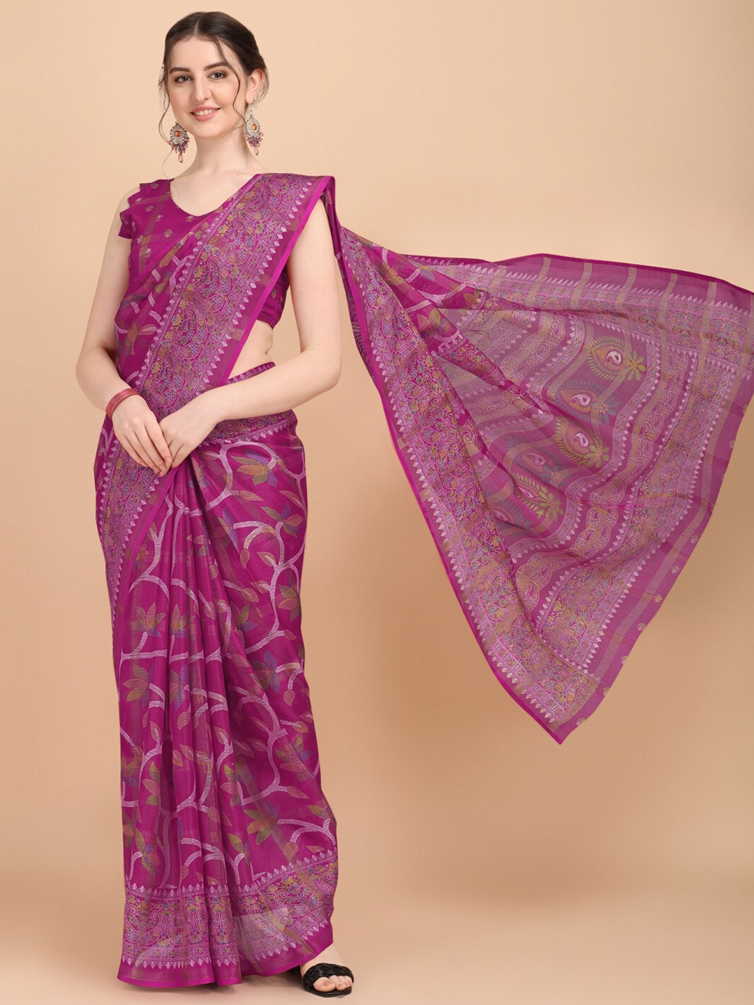 

KALINI Pink & Green Woven Design Phulkari Kota Saree