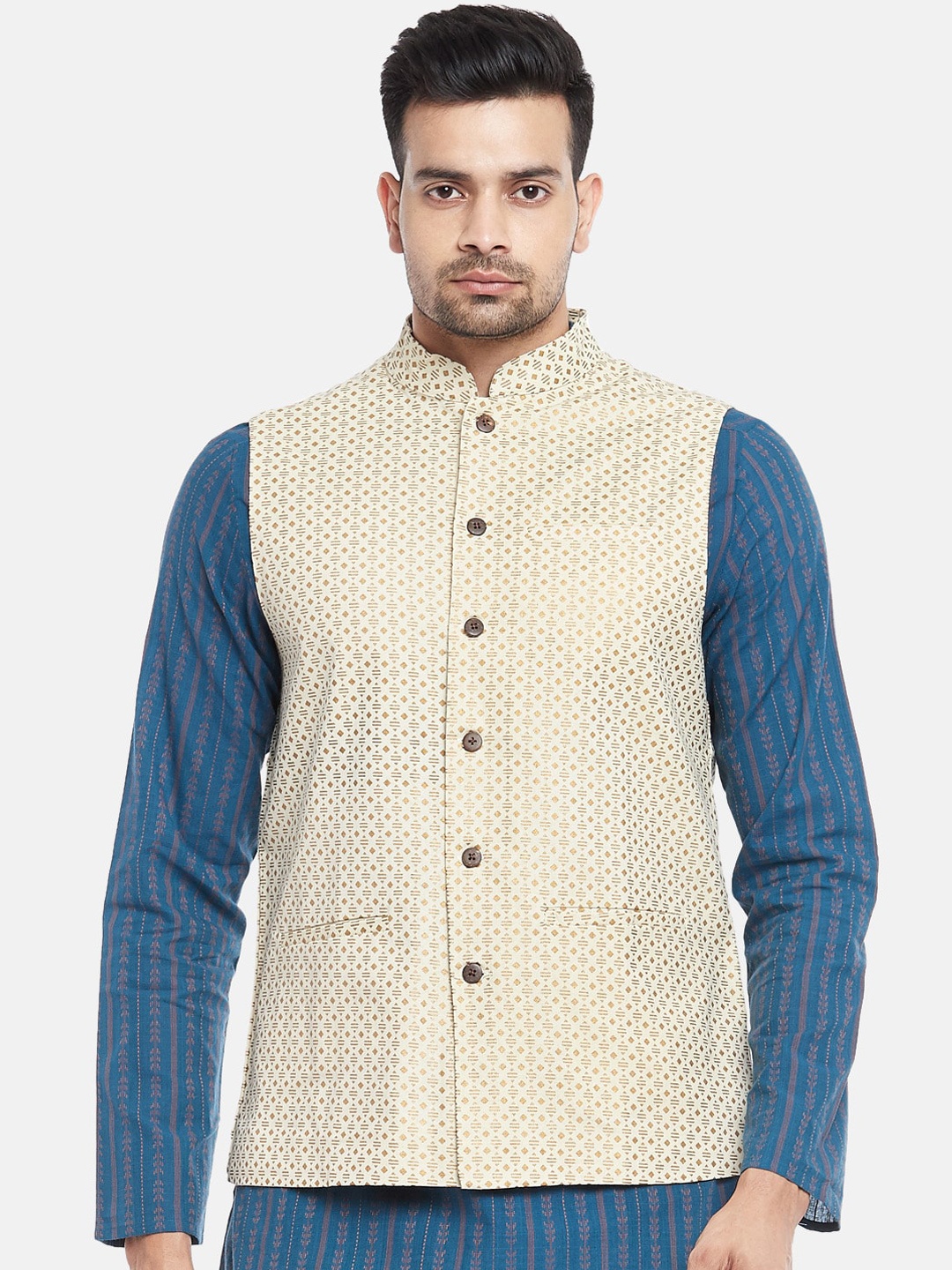 

indus route by Pantaloons Men Off White Woven Design Nehru Jacket