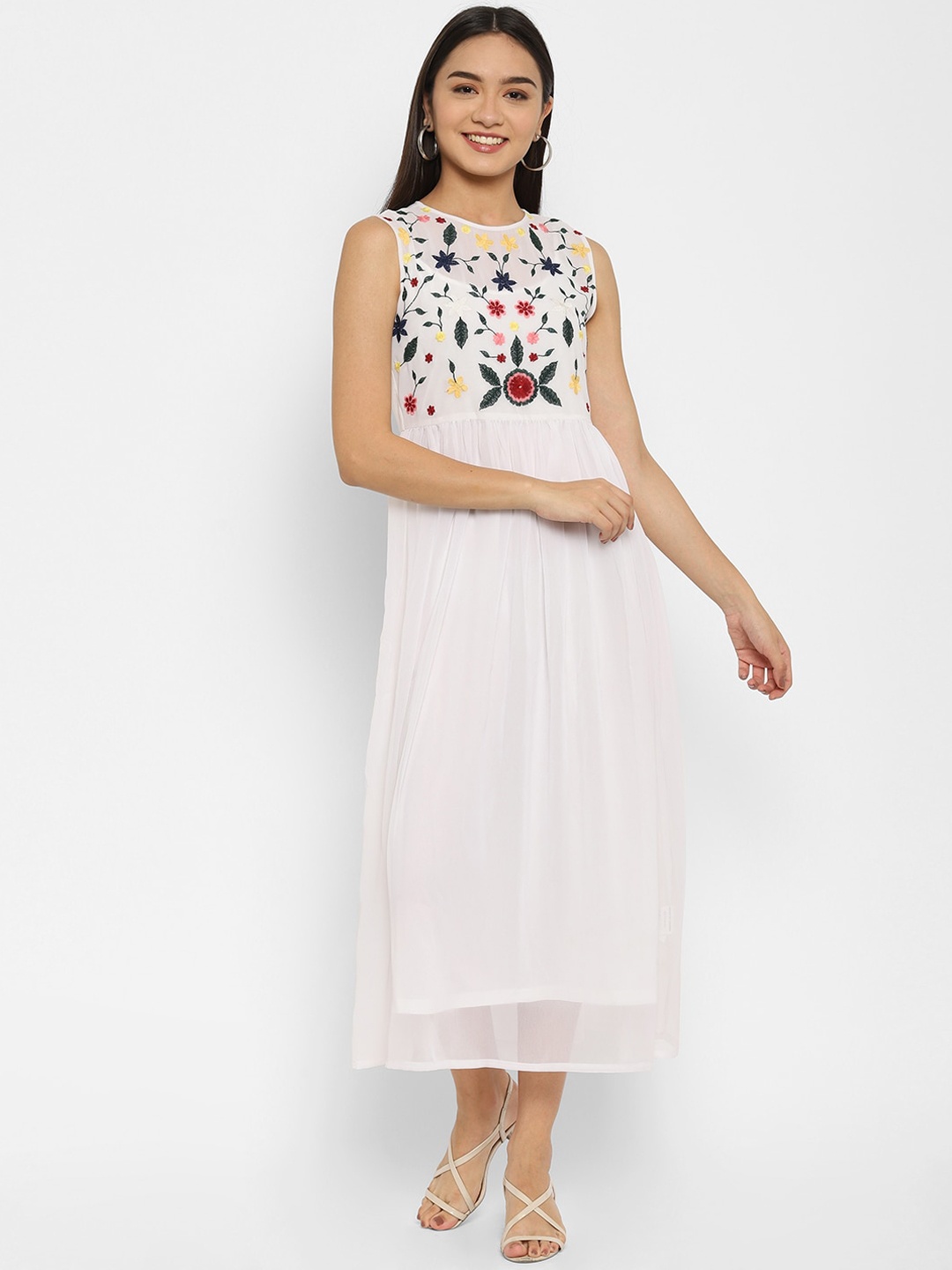

HOUSE OF KKARMA White Floral Tie-Up Neck Georgette Midi Dress