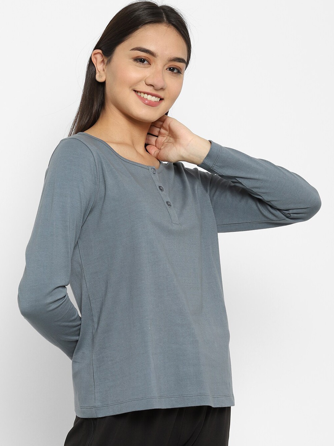 

HOUSE OF KKARMA Women Grey Solid Cotton Lounge T-Shirt