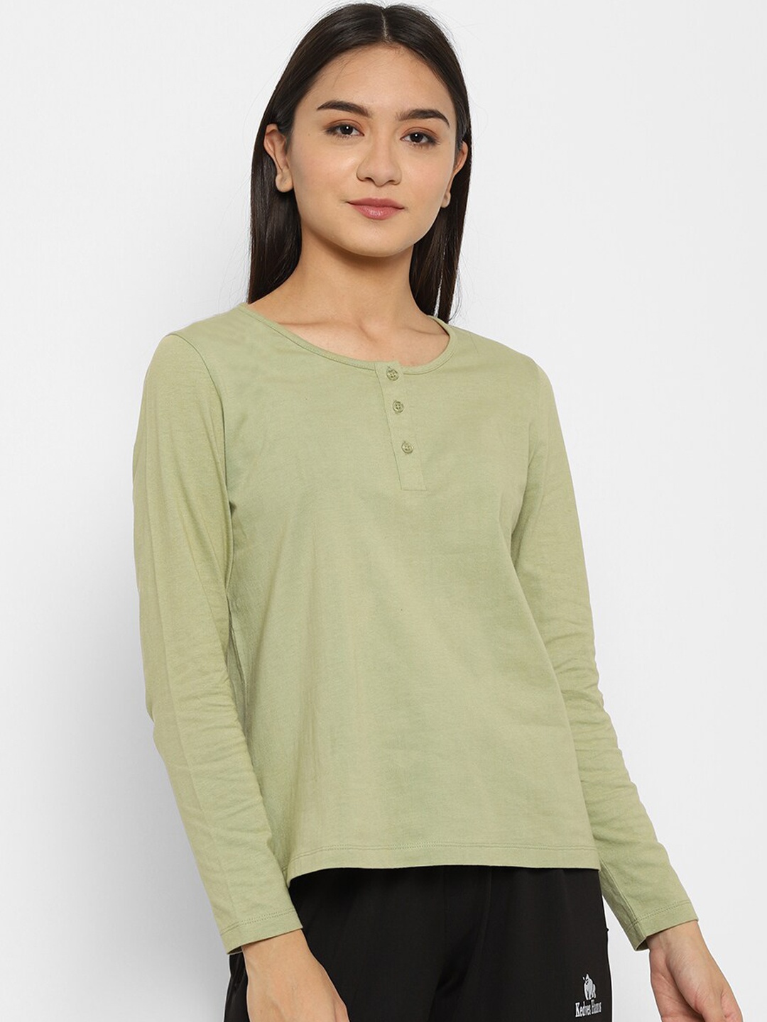 

HOUSE OF KKARMA Women Green Solid Cotton Lounge T-Shirt