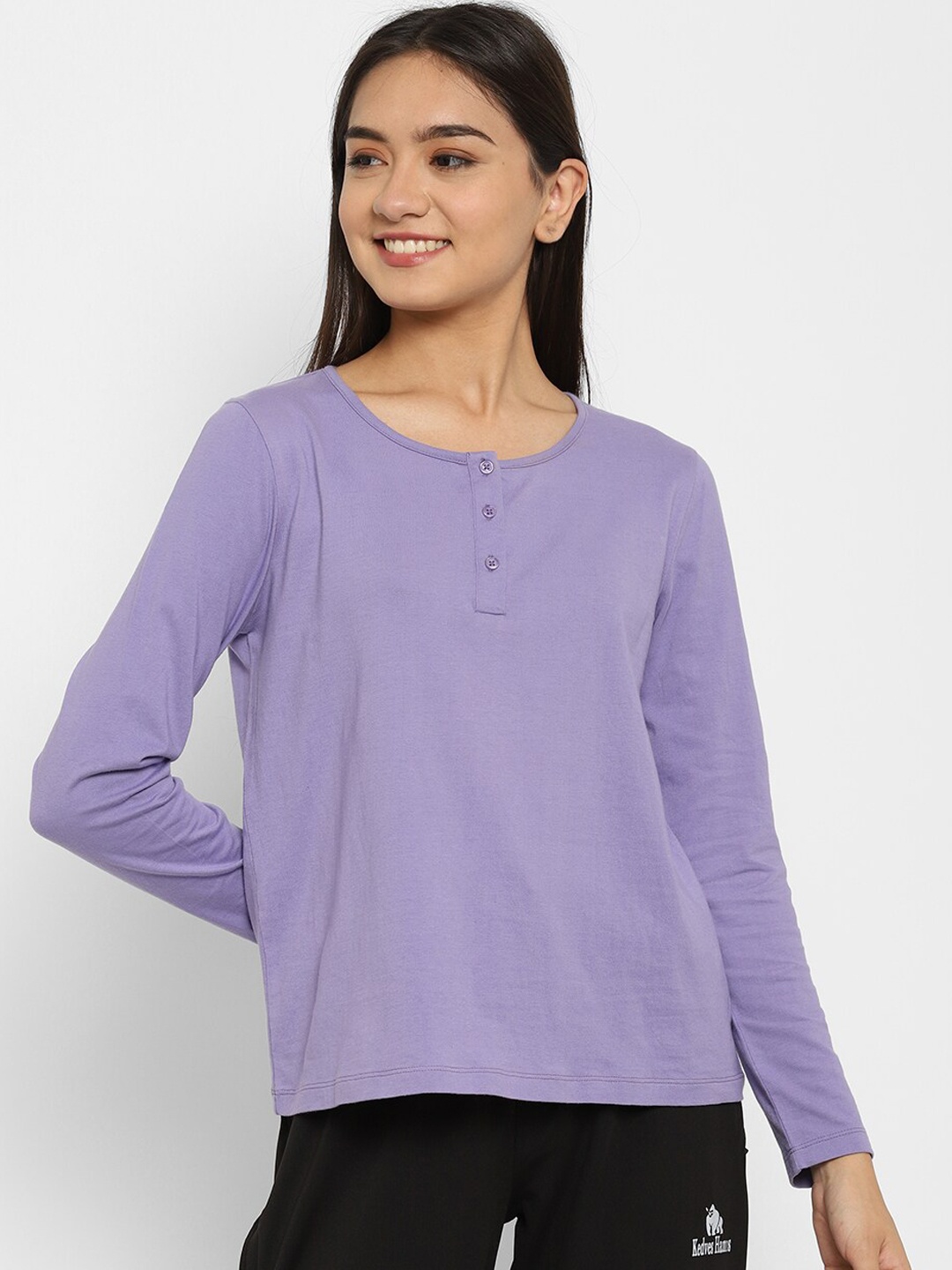 

HOUSE OF KKARMA Women Purple Solid Cotton Lounge T-Shirt