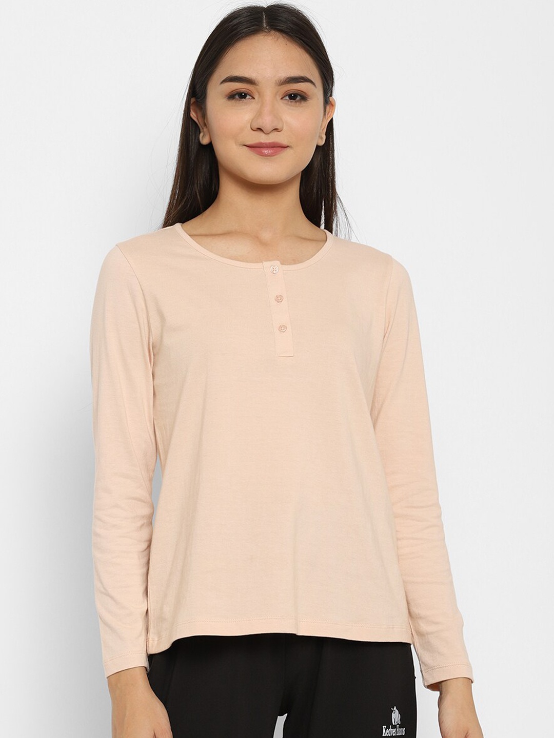 

HOUSE OF KKARMA Women Beige Solid Cotton Lounge T-Shirt