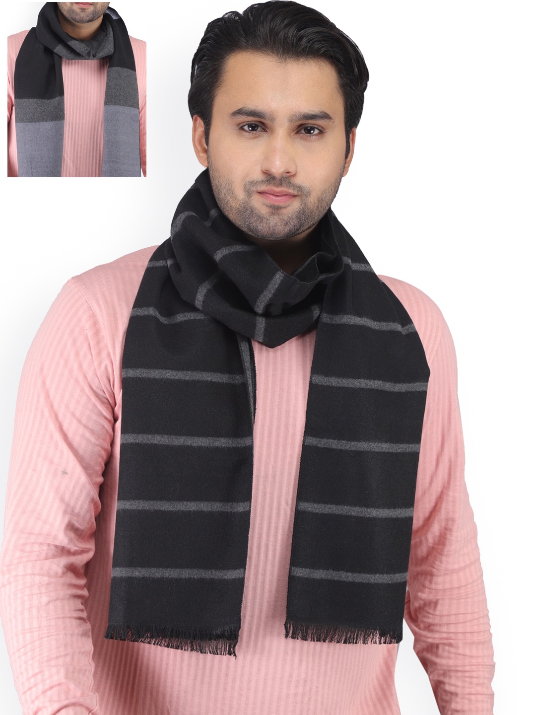 

ELLIS Men Black & Grey Striped Reversible Woollen Muffler