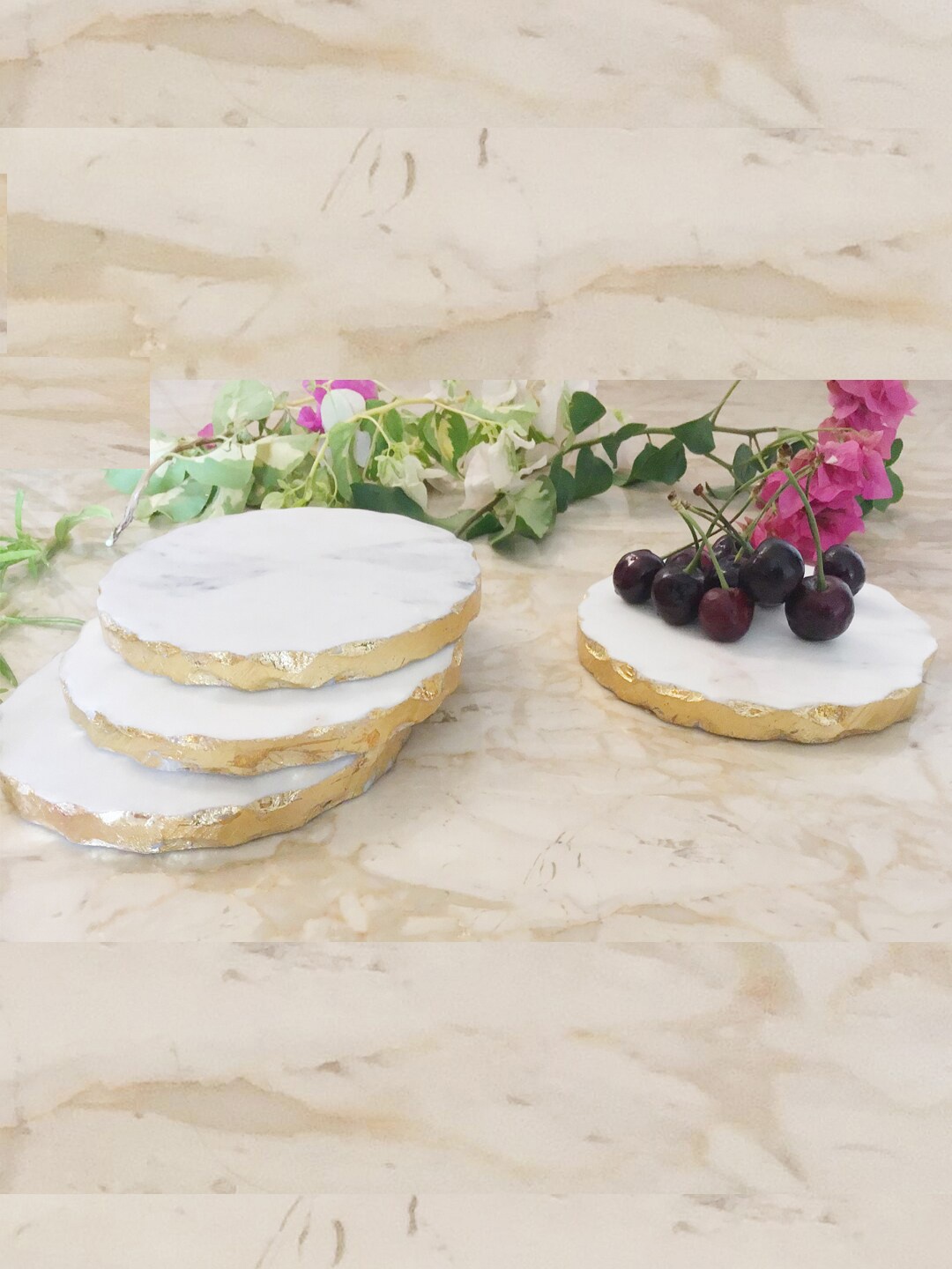 

NikkisPride Set Of 4 White & Gold-Toned Round Marble Coasters