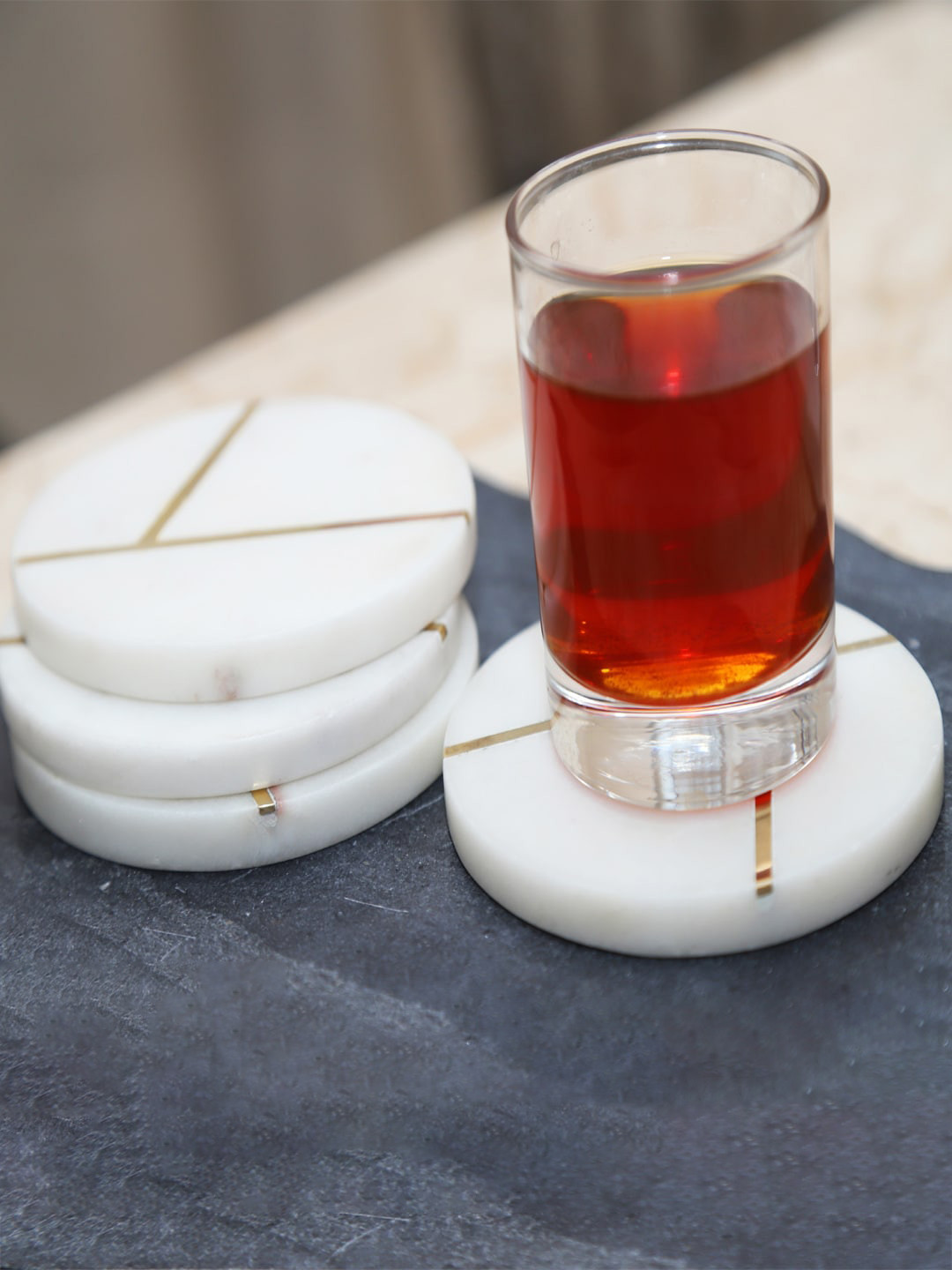 

NikkisPride Set Of 4 White & Gold-Toned Round Marble Coasters With Brass Inlay