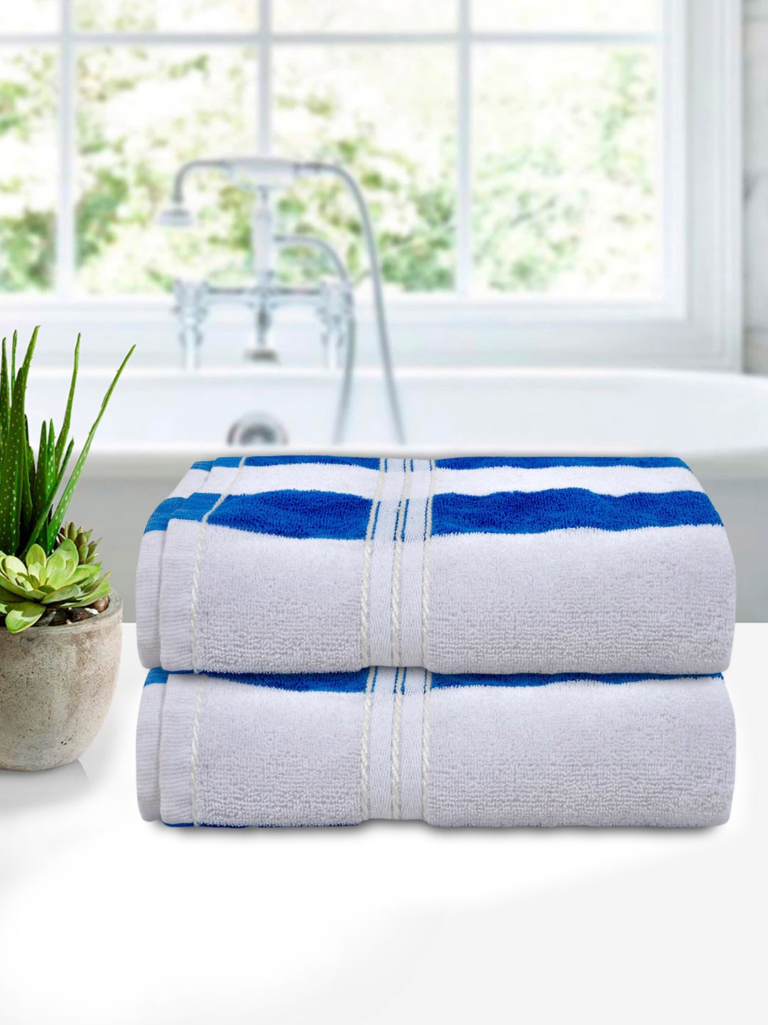 

Kuber Industries Set Of 2 White & Blue Striped Cotton 400 GSM Bath Towels
