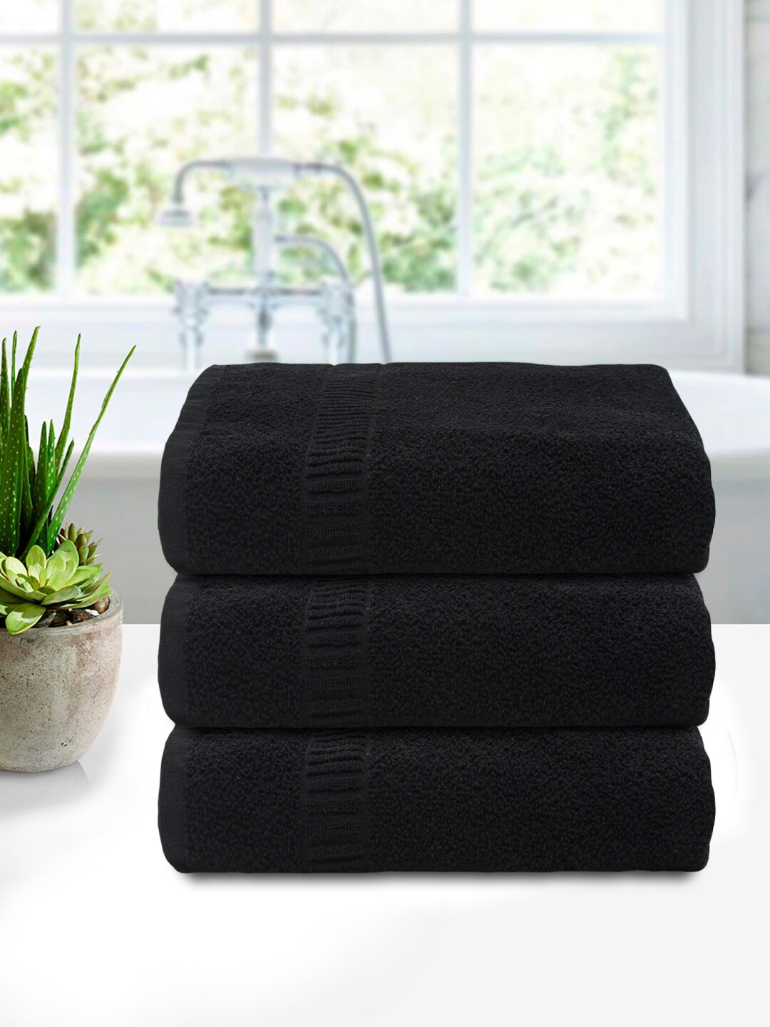 

Kuber Industries Pack Of 3 Solid Pure Soft Cotton Bath Towel, Black