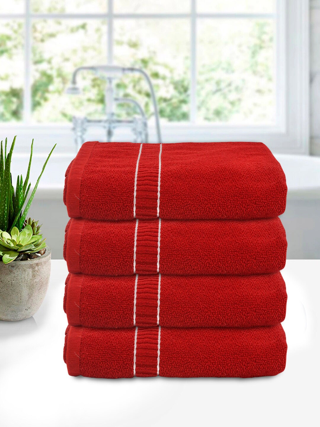 

Kuber Industries Set Of 4 Red Solid 400 GSM Cotton Bath Towels