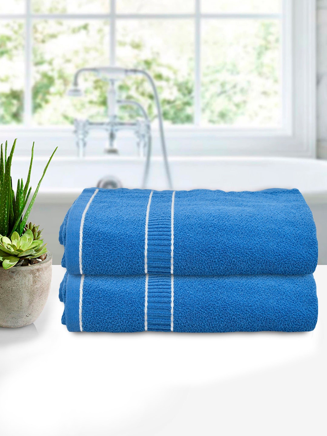 

Kuber Industries Set Of 2 Blue Solid Cotton 400 GSM Bath Towels