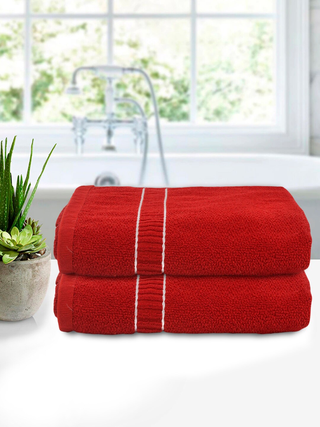 

Kuber Industries Set Of 2 Red Solid Cotton 400 GSM Bath Towels