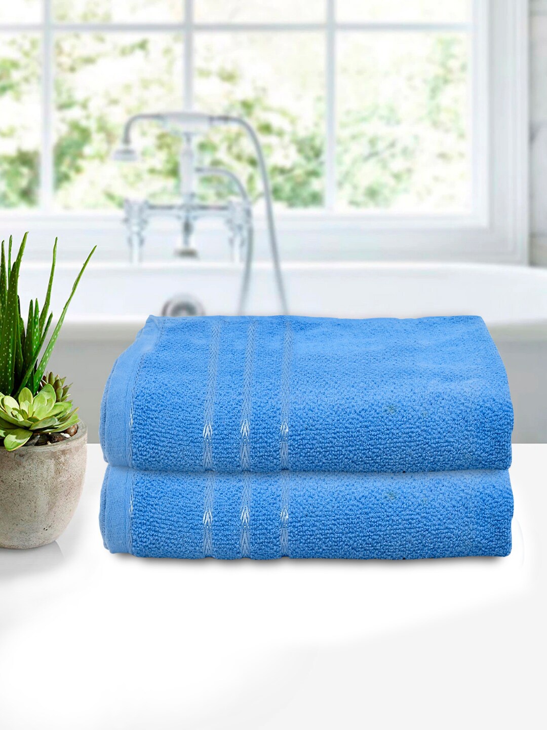 

Kuber Industries Pack Of 2 Blue Solid Cotton 400 GSM Bath Towels
