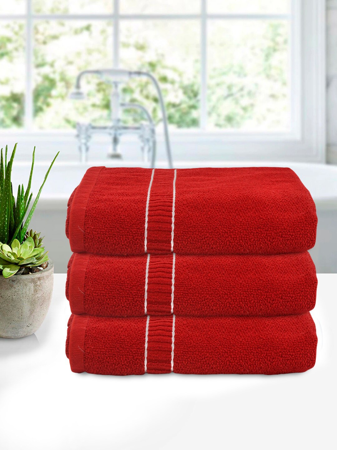 

Kuber Industries Set Of 3 Red Solid 400 GSM Cotton Bath Towels