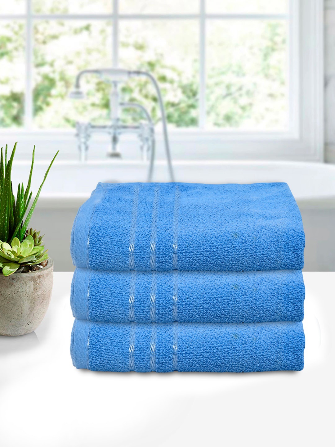 

Kuber Industries Set Of 3 Blue Solid Cotton 400 GSM Bath Towels