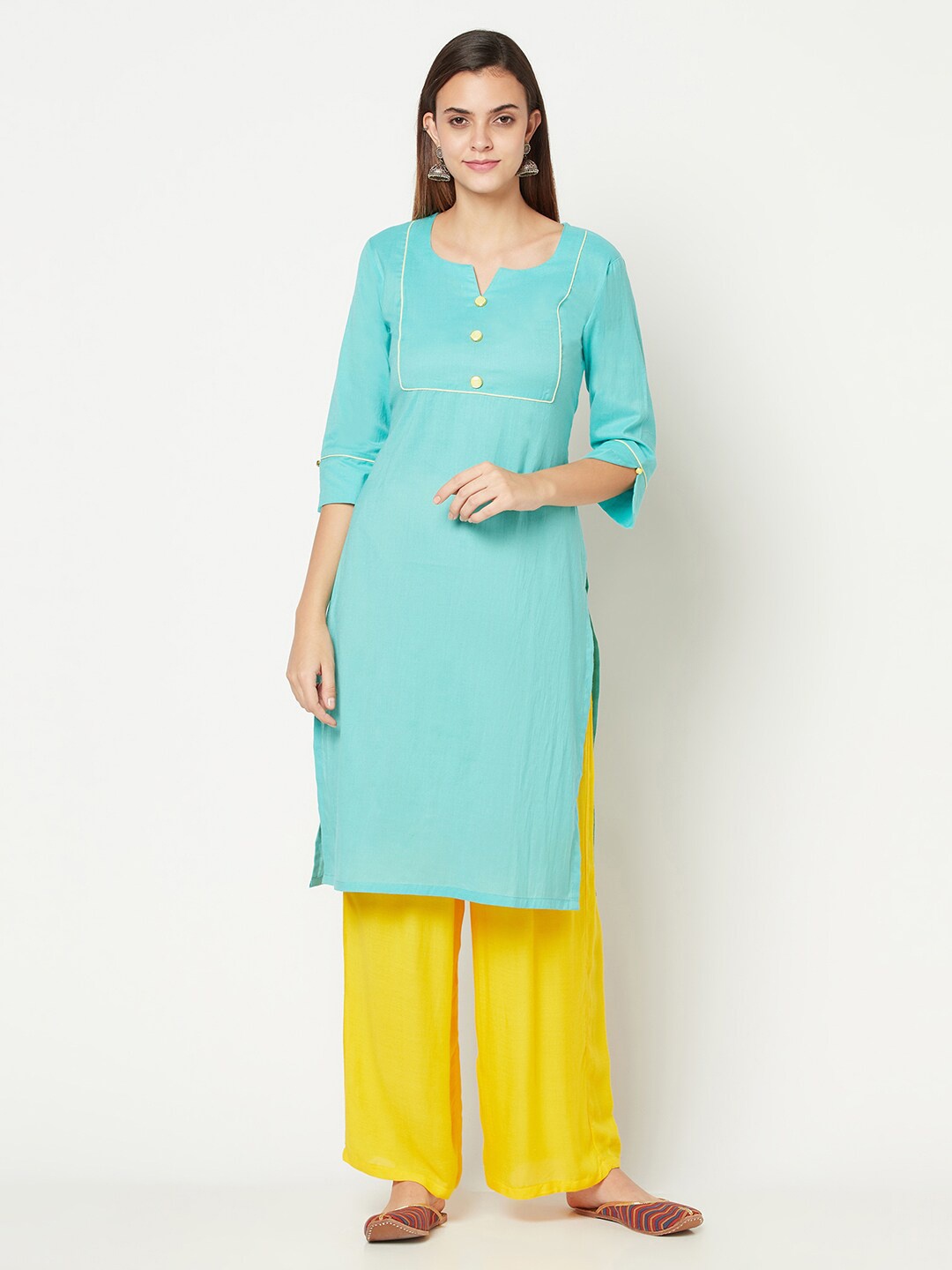 

Safaa Turquoise Blue & Yellow Kurti