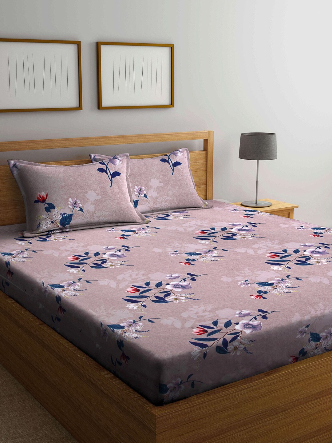 

Arrabi Brown & Blue Floral Printed 300 TC King Bedsheet with 2 Pillow Covers