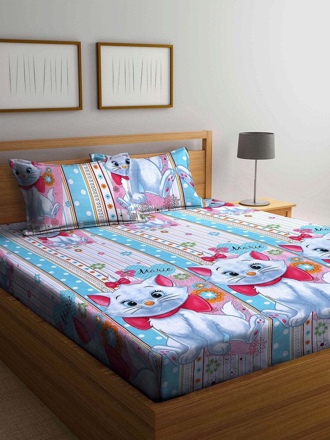 

Arrabi Blue & Pink Cartoon Characters 300 TC King Bedsheet with 2 Pillow Covers