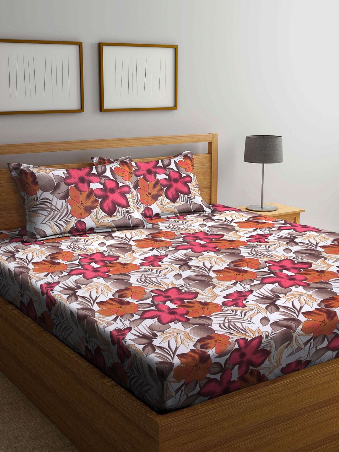 

Arrabi Pink & Grey Floral 300 TC King Bedsheet with 2 Pillow Covers
