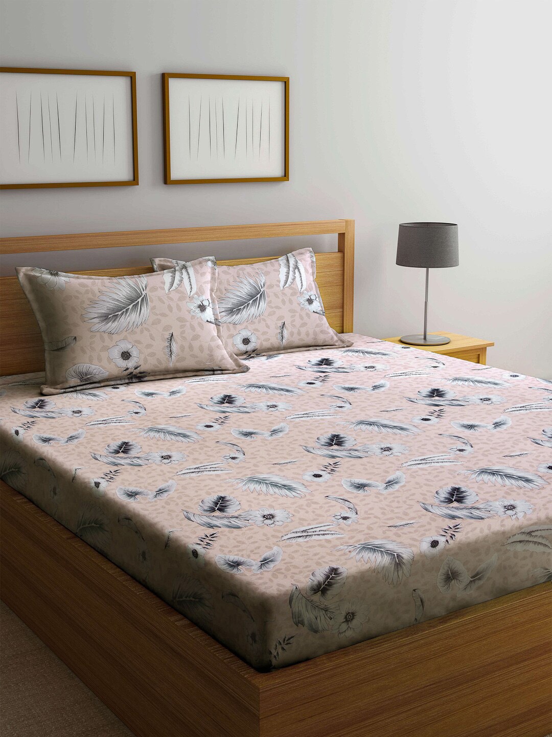 

Arrabi Beige & Grey Floral 300 TC King Bedsheet with 2 Pillow Covers