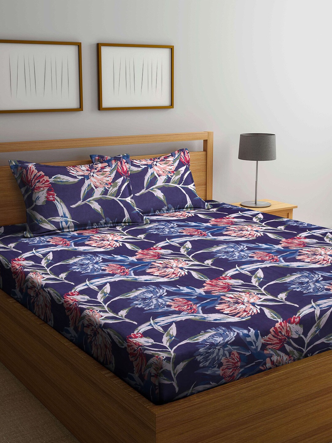 

Arrabi Blue & Pink Floral 300 TC King Bedsheet with 2 Pillow Covers