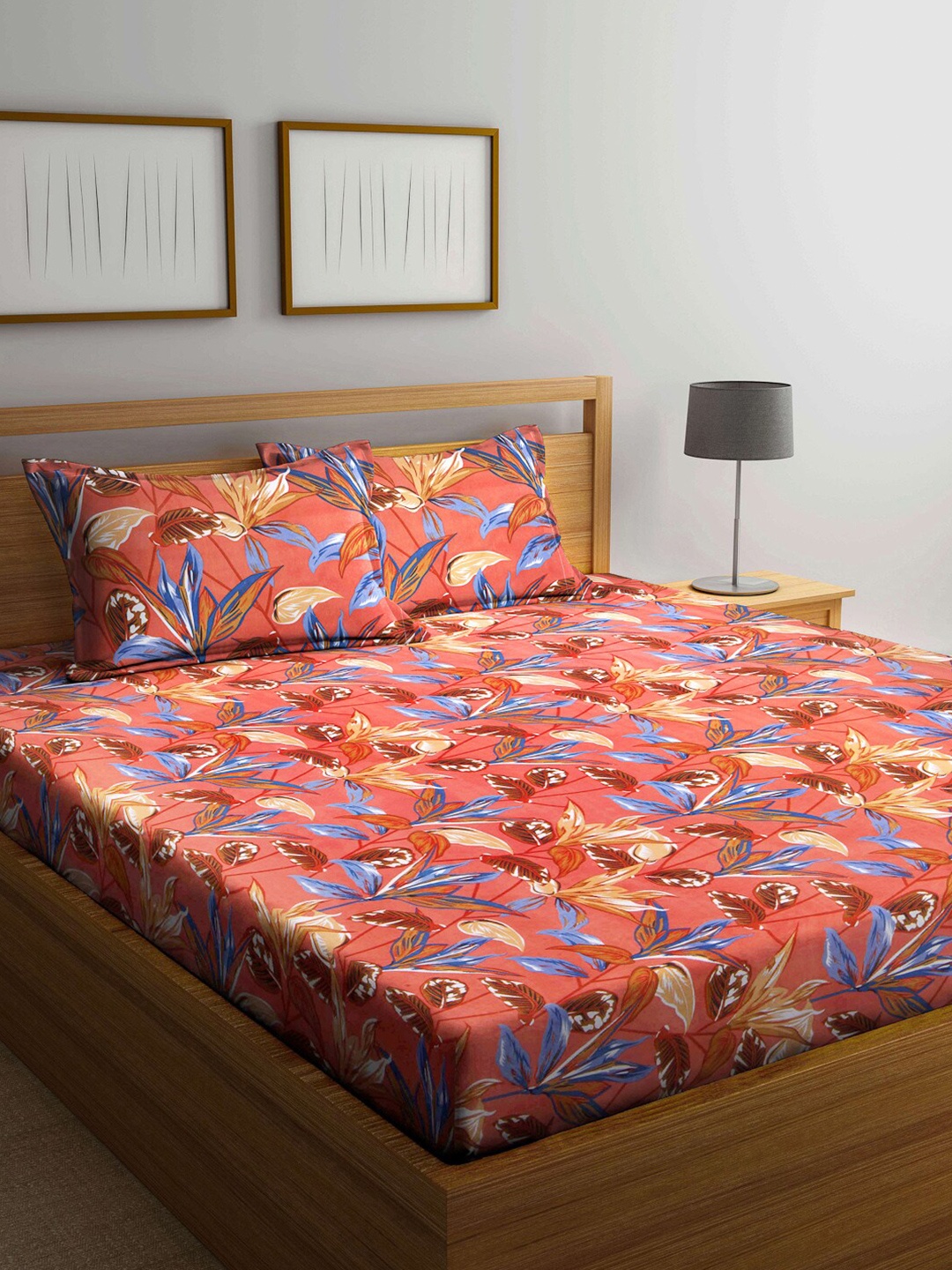 Arrabi Coral & Blue Floral 300 TC King Bedsheet with 2 Pillow Covers
