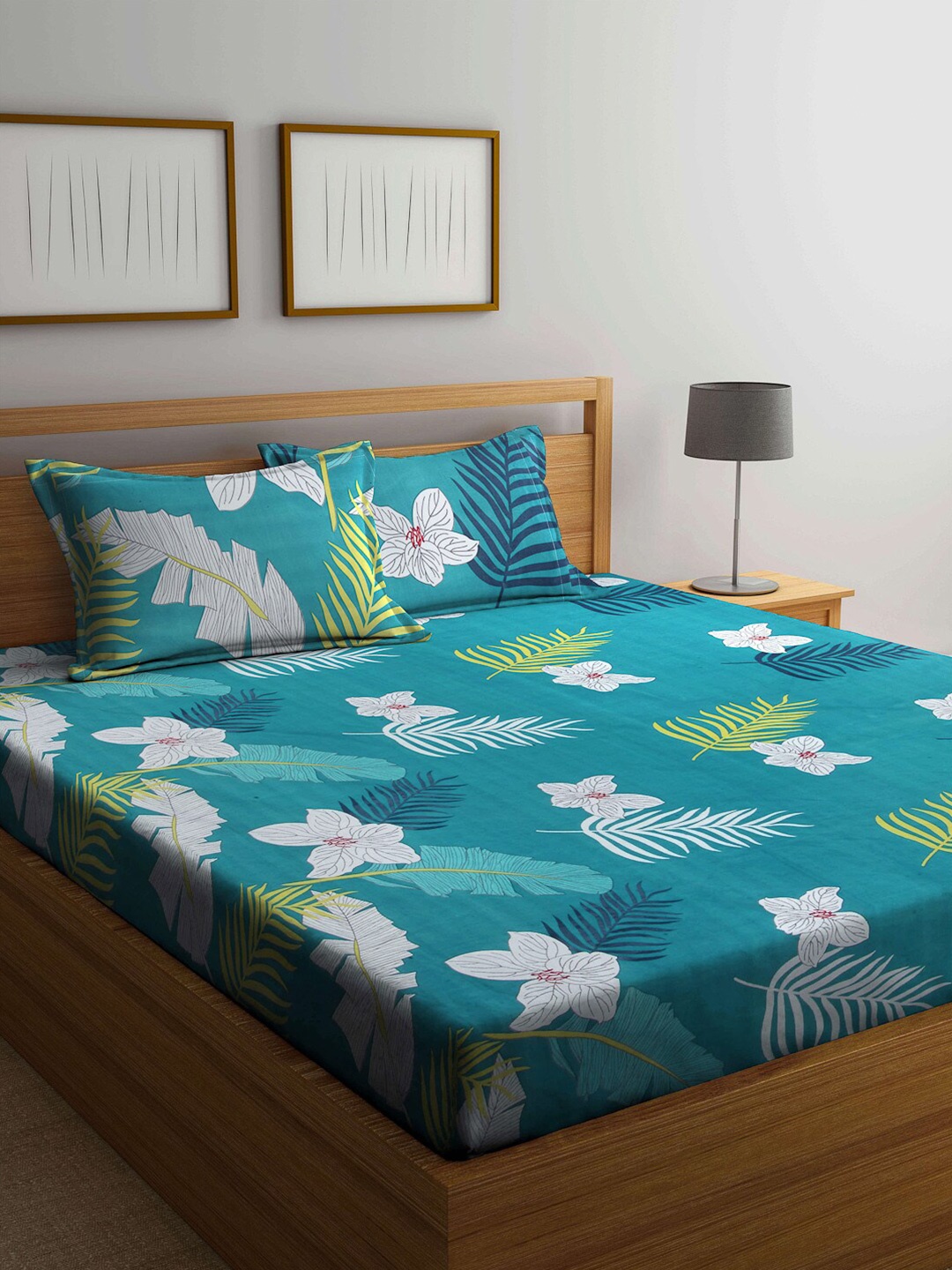 

Arrabi Blue & Lime Green Floral 300 TC King Bedsheet with 2 Pillow Covers