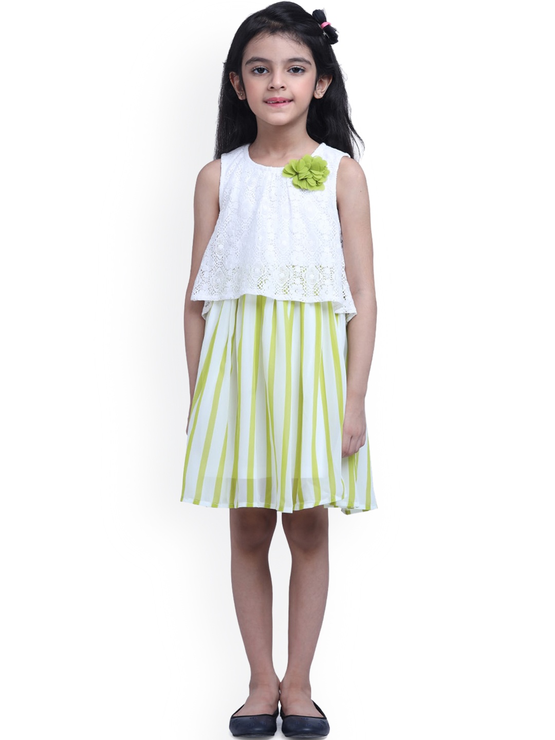 

Creative Kids Girls White & Green Layered Striped A-Line Dress