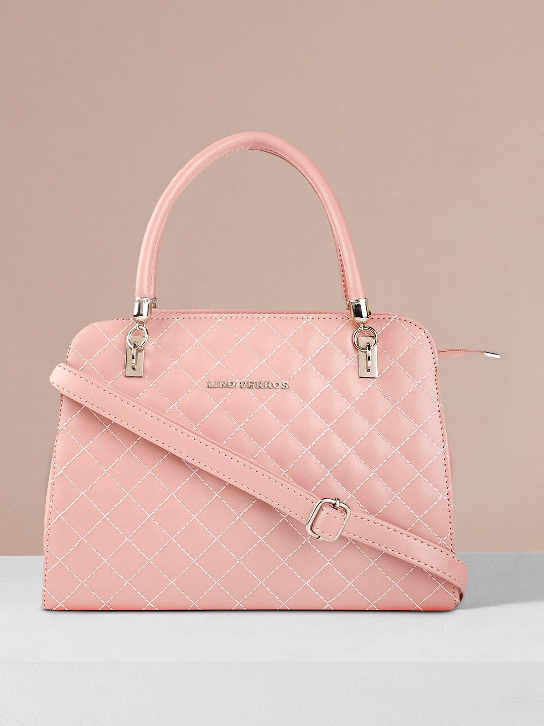 

Lino Perros Women Peach-Coloured Quilted Structured Handheld Bag