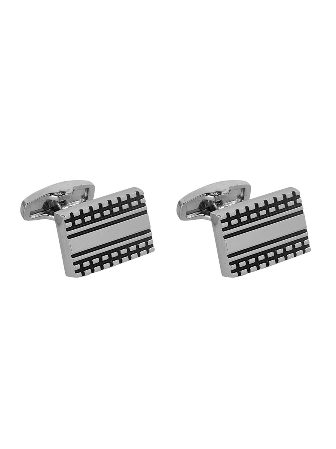 

JEWEL JUNCTION Silver-Toned & Black Rectangle Cufflink