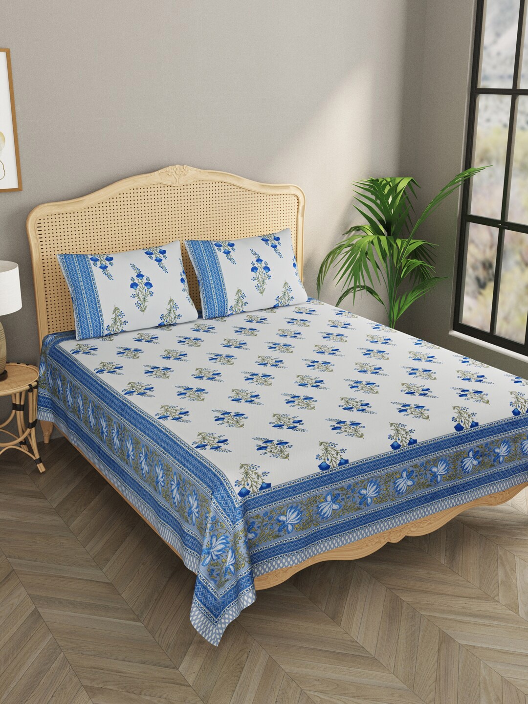 

Gulaab Jaipur Blue & White Ethnic Motifs 600 TC Cotton King Bedsheet with 2 Pillow Covers