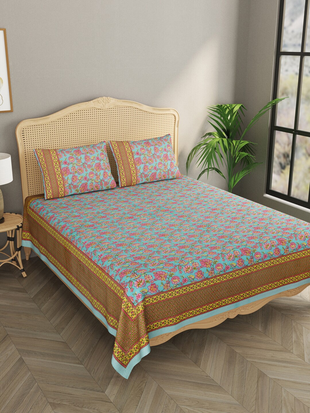 

Gulaab Jaipur Blue & Pink Floral 600 TC King Bedsheet with 2 Pillow Covers