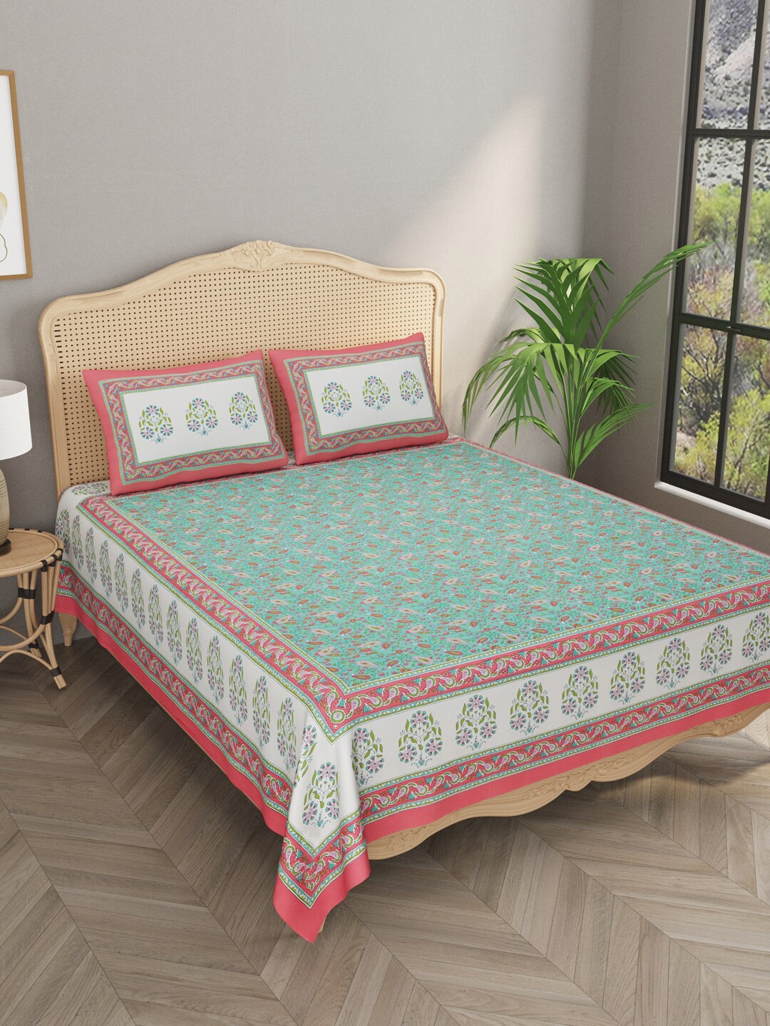 

Gulaab Jaipur Green & Pink Floral Handblock print 600 TC King Bedsheet with 2 Pillow Covers