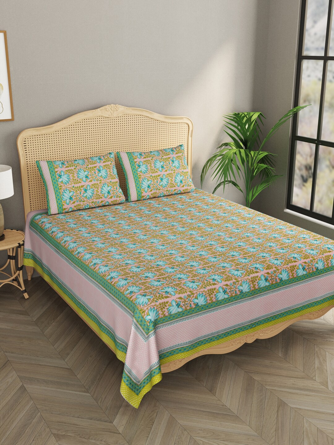 

Gulaab Jaipur Blue & Green Cotton 600 TC King Bedsheet with 2 Pillow Covers