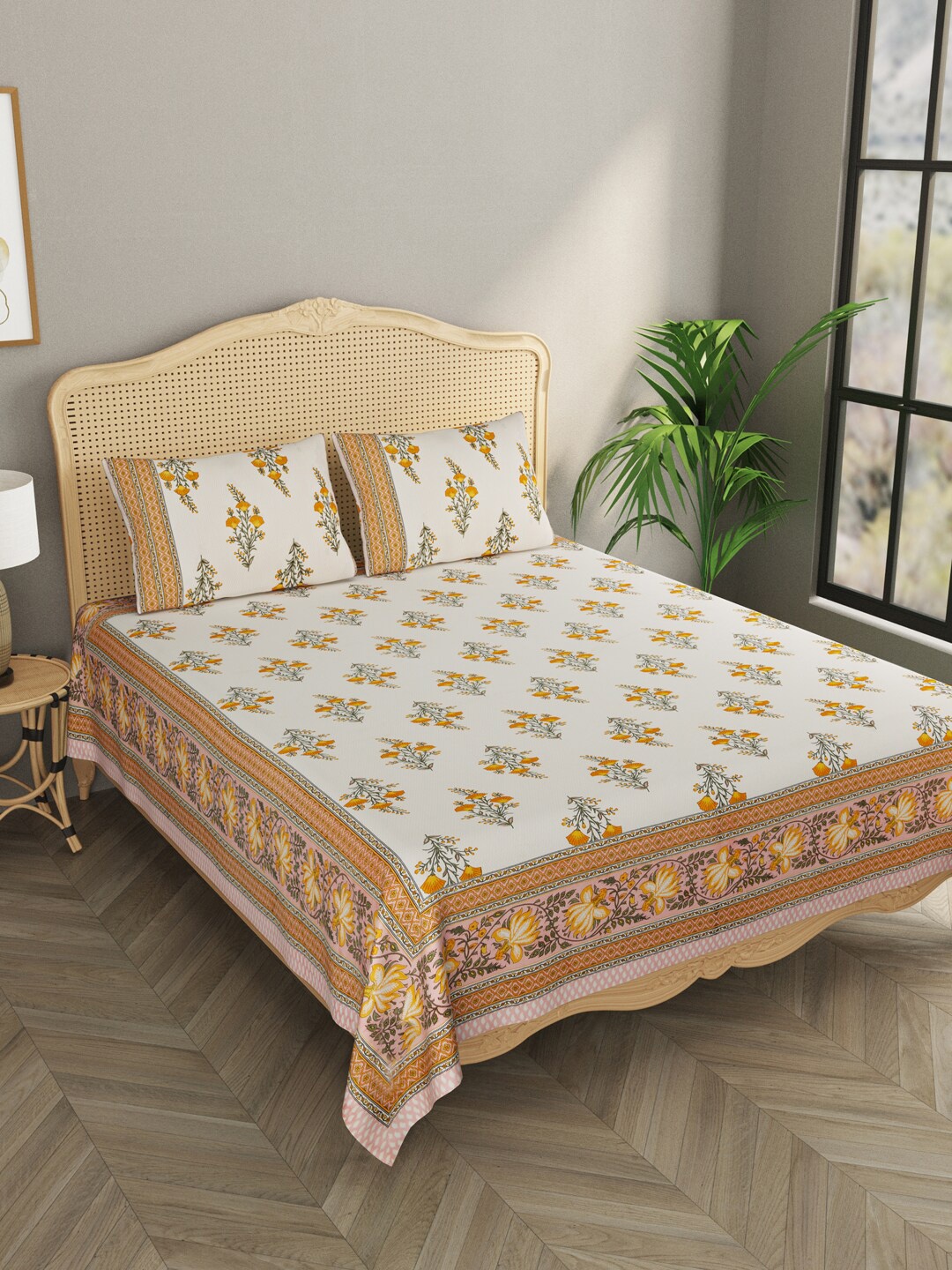 

Gulaab Jaipur Orange & White Floral 600 TC King Bedsheet with 2 Pillow Covers