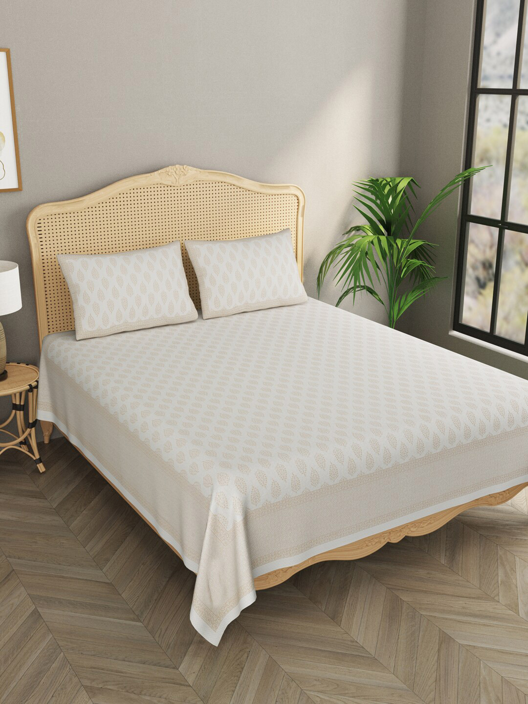 

Gulaab Jaipur Cream-Coloured & Beige Ethnic Motifs 600 TC King Bedsheet with 2 Pillow Covers