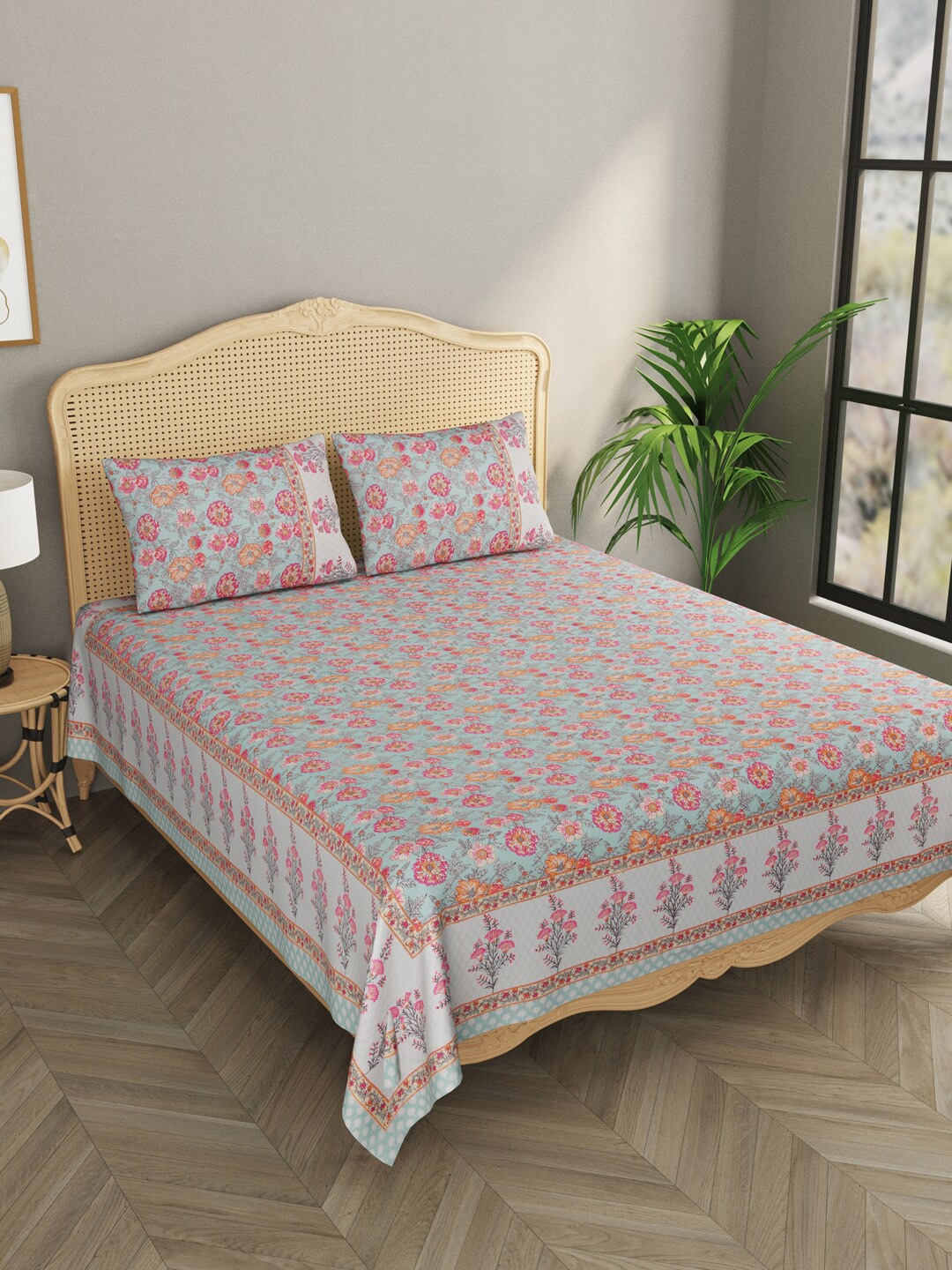 

Gulaab Jaipur Blue & Pink Ethnic Motifs 600 TC King Bedsheet with 2 Pillow Covers