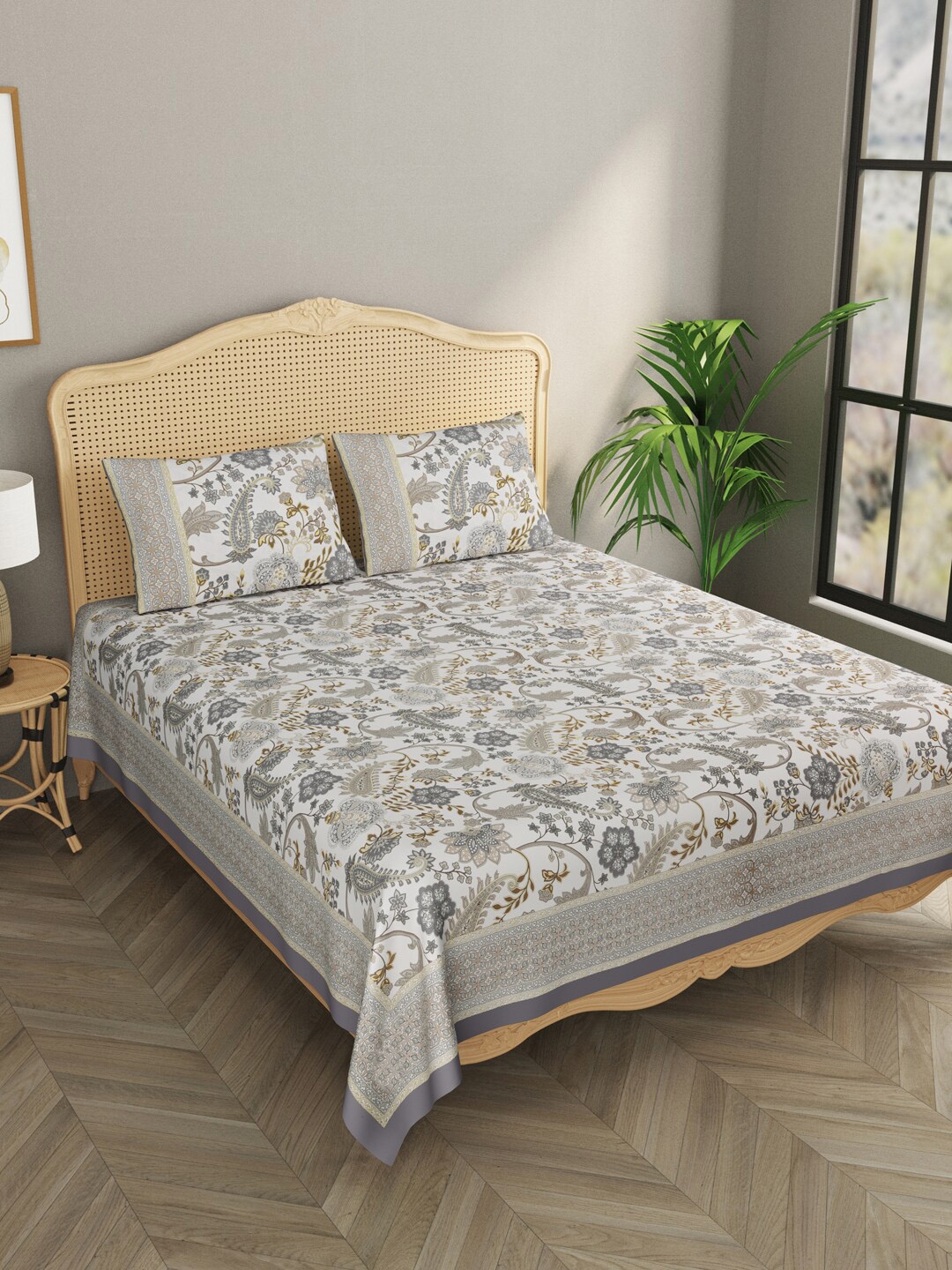 

Gulaab Jaipur Grey & White Floral 600 TC King Bedsheet with 2 Pillow Covers