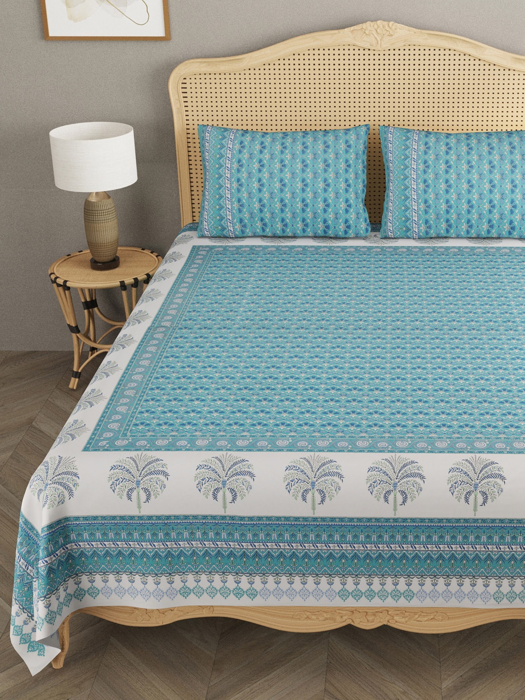 

Gulaab Jaipur Blue Ethnic Motifs 600 TC King Bedsheet with 2 Pillow Covers