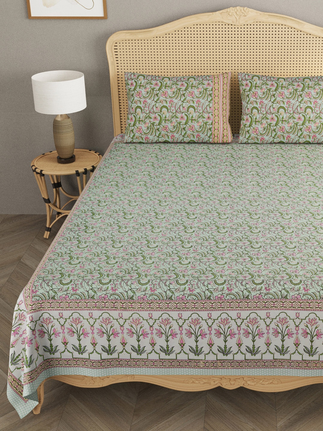 

Gulaab Jaipur Green & Pink Ethnic Motifs 600 TC King Bedsheet with 2 Pillow Covers