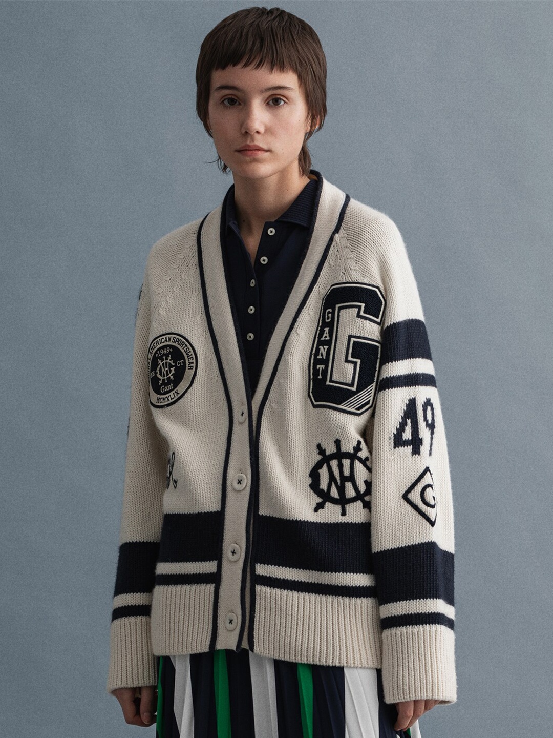 

GANT Women Cream-Coloured & Black Varsity Self Design Cardigan Sweater