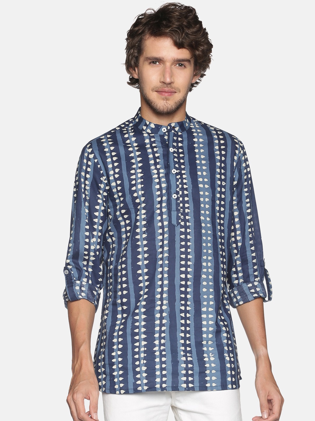 

Saffron Threads Men Blue Geometric Printed Thread Work Indie Prints Kurta