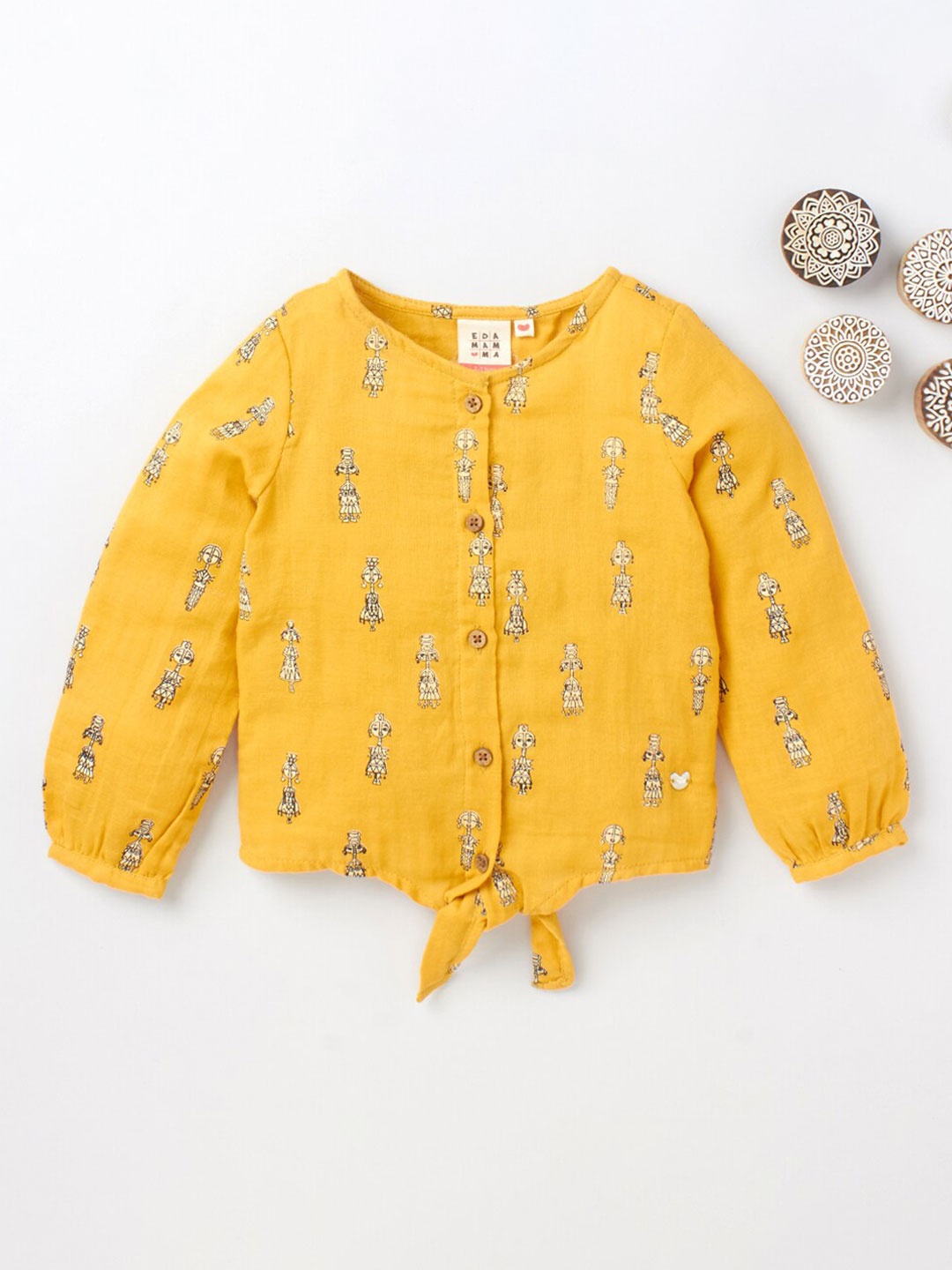 

Ed-a-Mamma Mustard Yellow Printed Tie Up Top