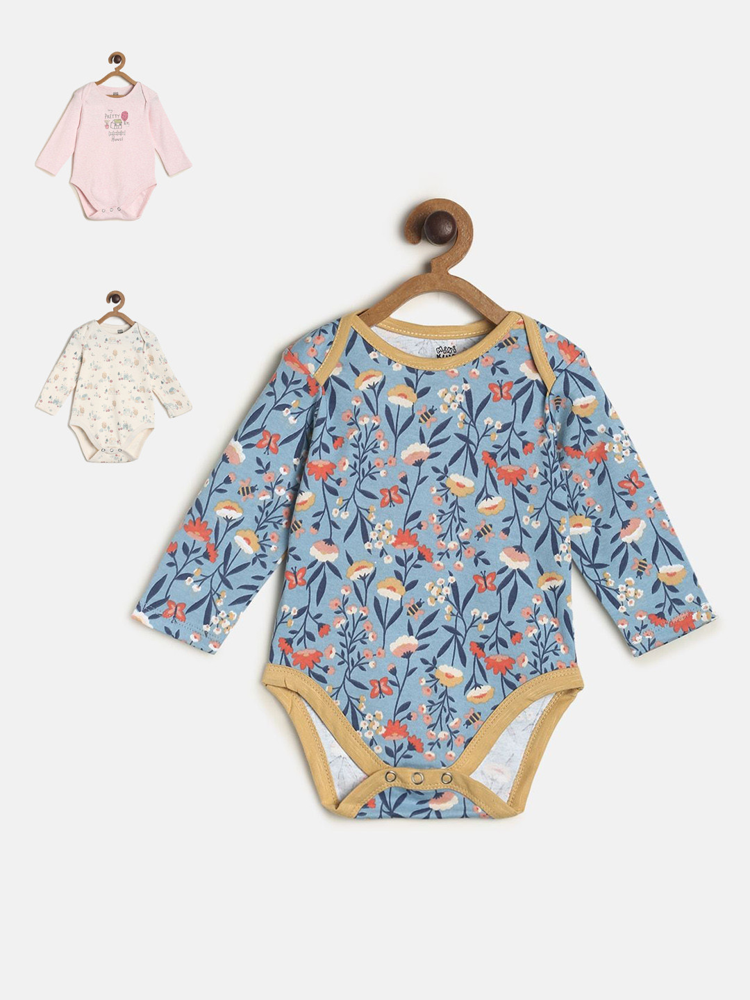 

MINI KLUB Girls Pack Of 3 Printed Pure Cotton Bodysuits, Pink