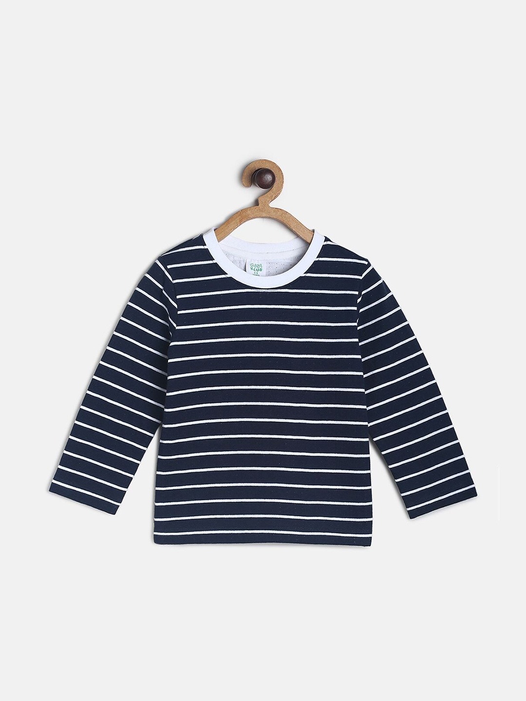 

MINI KLUB Boys Navy Blue & White Striped Round Neck Cotton T-shirt