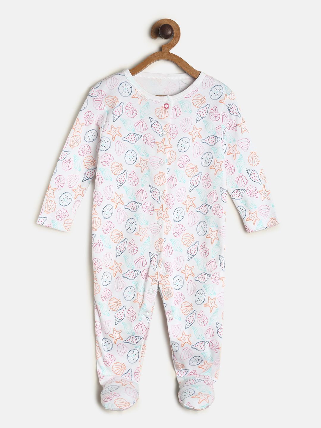 

MINI KLUB Infant Girls White & Pink Printed Pure Cotton Sleepsuit