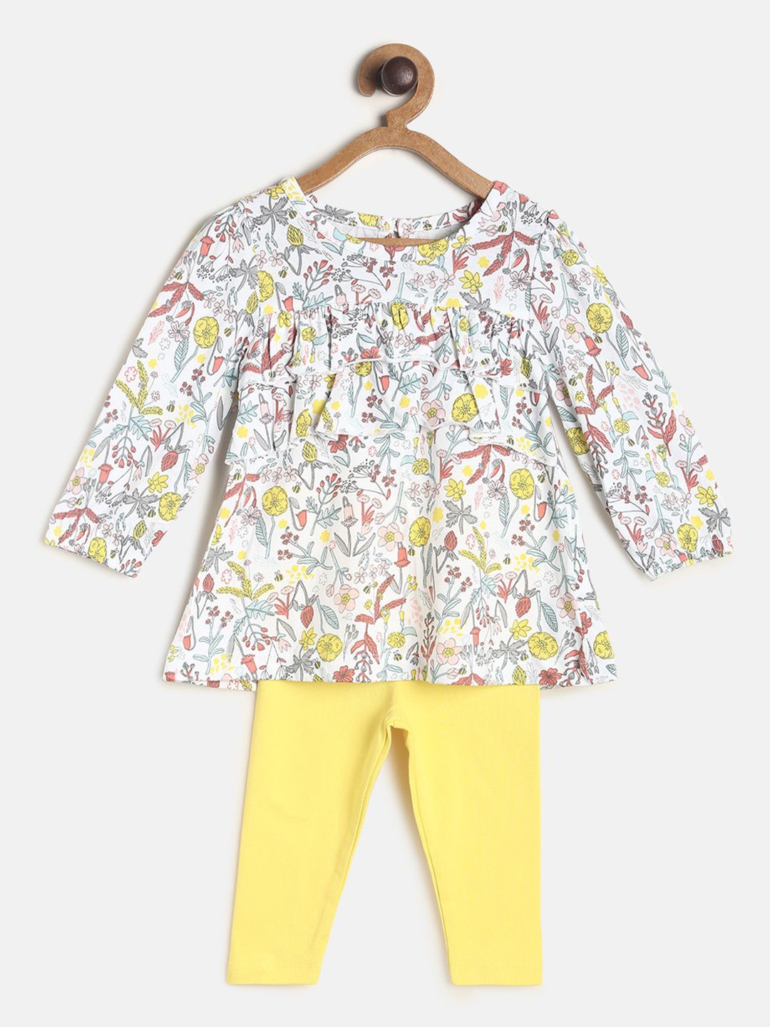 

MINI KLUB Girls Yellow & White Floral Printed Pure Cotton Top with Leggings